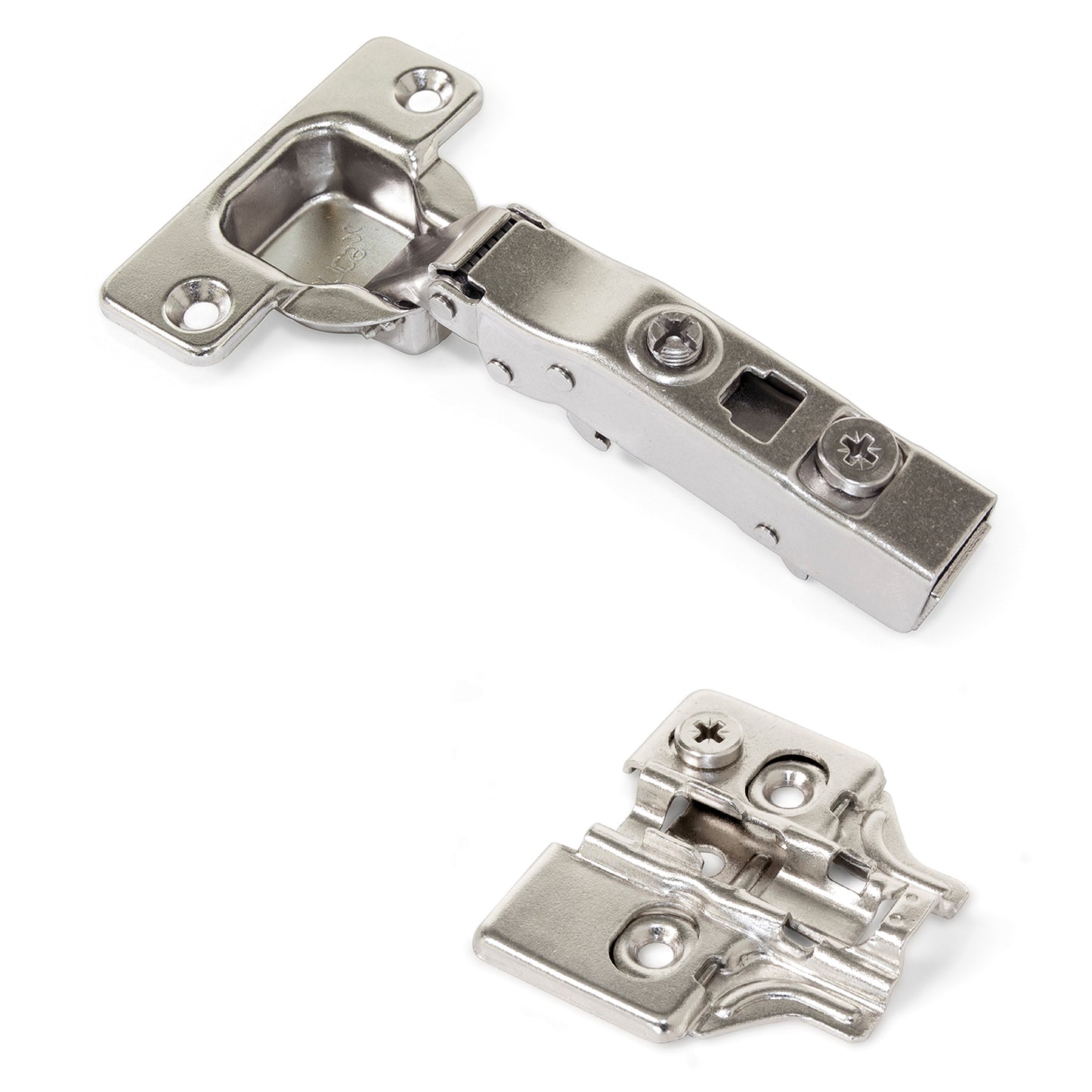 Concealed hinge, soft-close, clip-on installation, 3D adjustable, including mounting plate, surface: nickel-plated, surface-mounted, 1040007 for furniture, cabinets