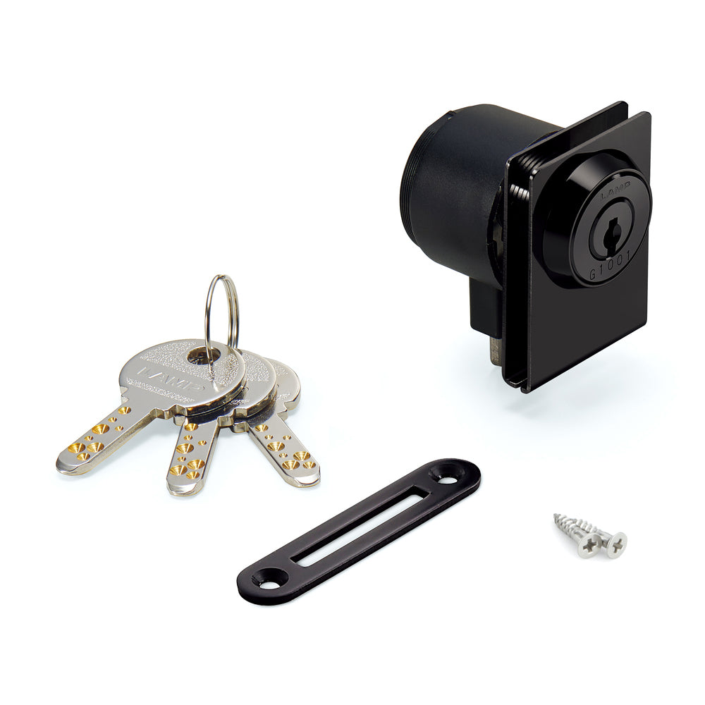 Serrure à levier pour portes vitrées, série Million Lock, à clé unique 1310GL-SQ-BL-D, par Sugatsune / LAMP (Japon)