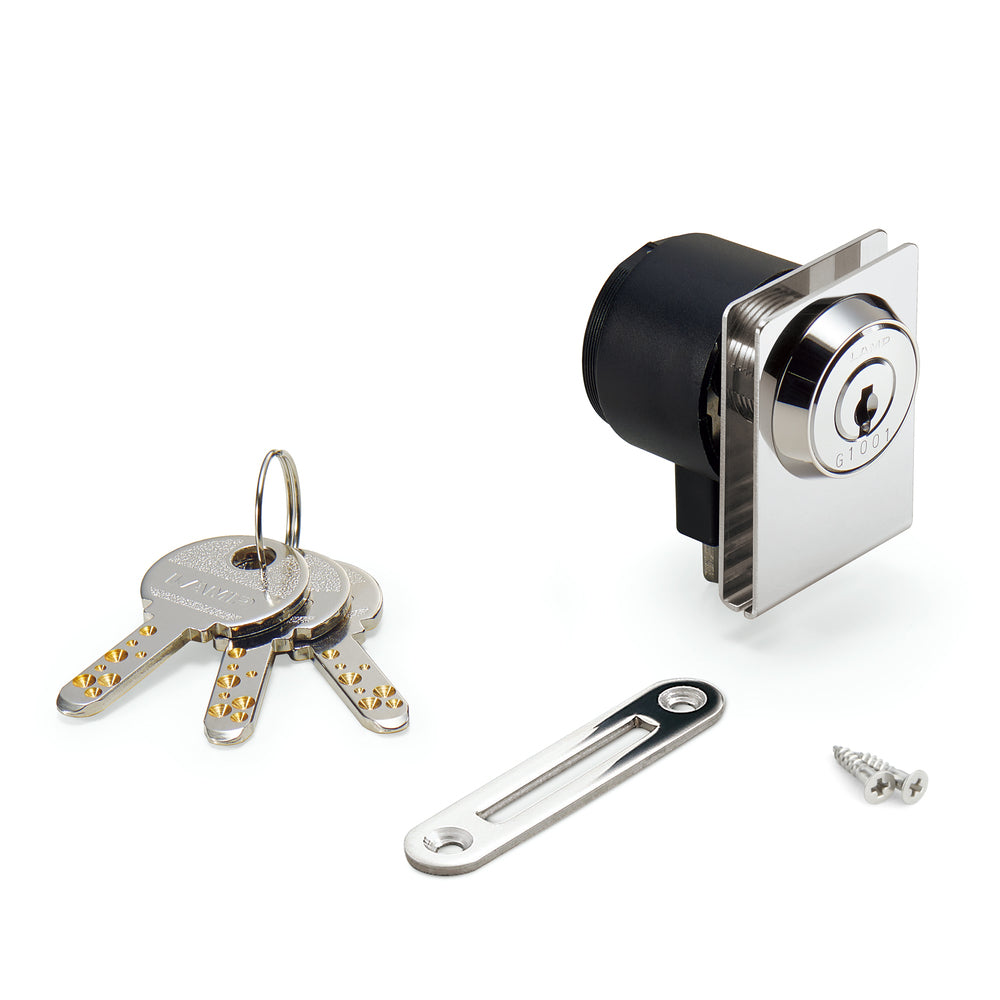Serrure à levier pour portes vitrées, série Million Lock, à clé unique 1310GL-SQ-CR-D, par Sugatsune / LAMP (Japon)