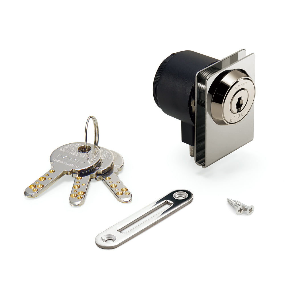 Serrure à levier pour portes vitrées, série Million Lock, à clé unique 1310GL-SQ-SN-D, par Sugatsune / LAMP (Japon)