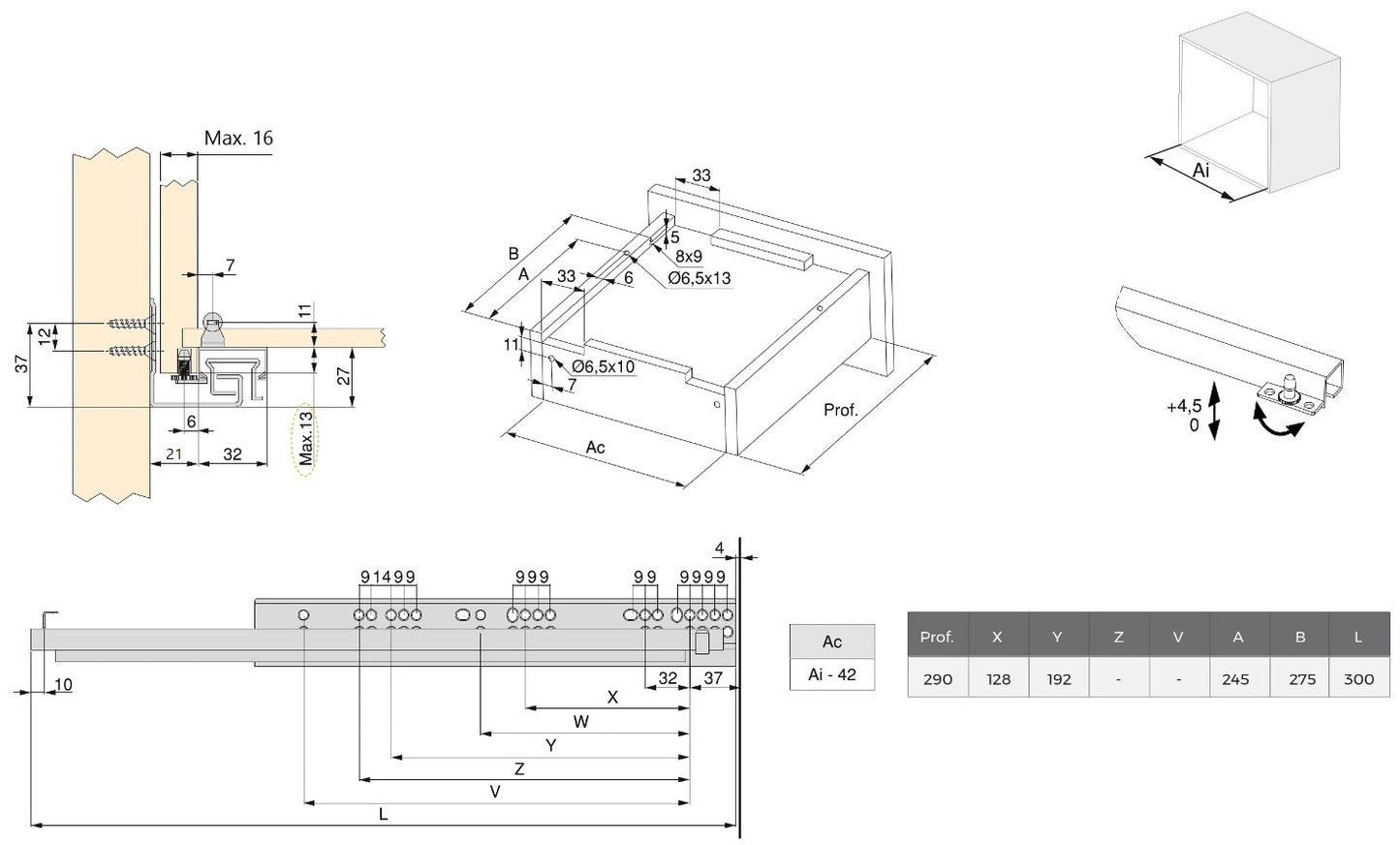 Guide sous plancher, capacité de charge : 30 kg (67 lb), 250 mm (9-27/32″), extension complète avec fermeture en douceur, 3124005 pour tiroir en bois, tiroir en bois, étagère en bois