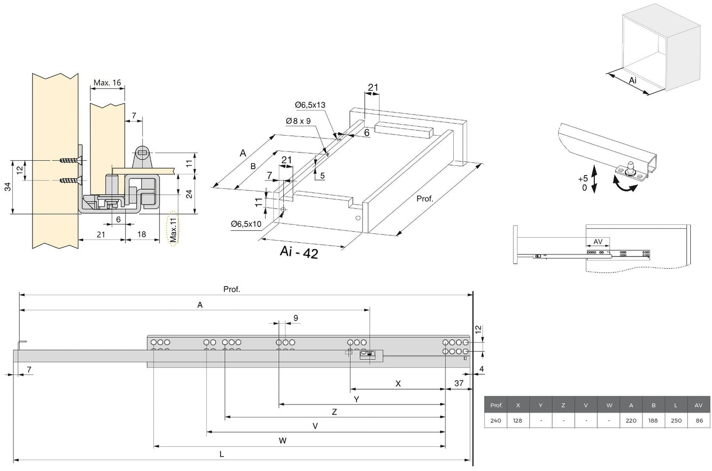 Glissières sous plancher, capacité de charge : 25 kg (56 lb), 250 mm (9-27/32″), extension partielle avec fermeture en douceur, 3019005 pour tiroir en bois, tiroir en bois, étagère en bois