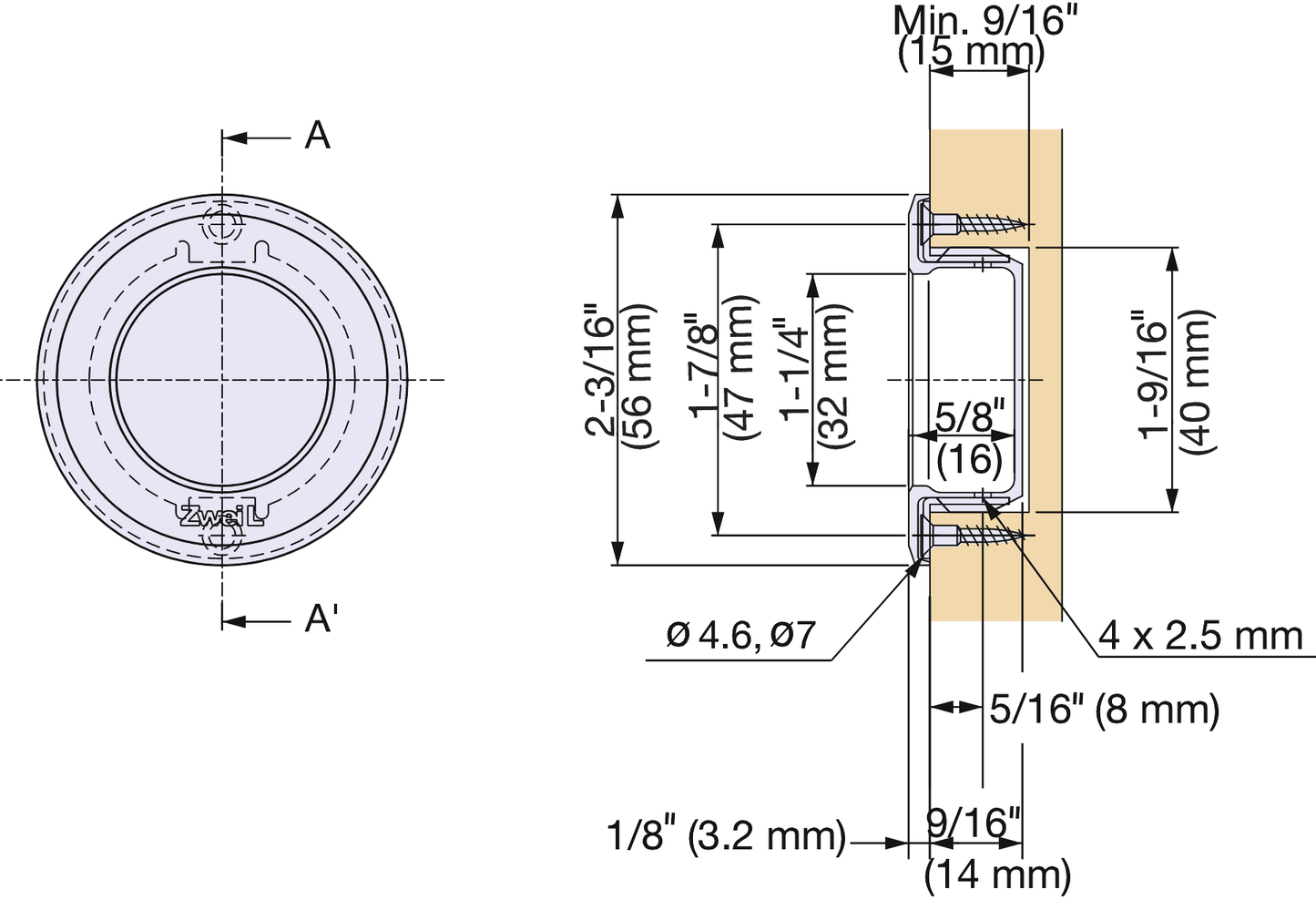 ZweiL® Edelstahl-Griffmuschel, 56 mm (2,3″) ZL-2501-56. Hochwertige massive und elegante Griffmuschel aus feinstem Edelstahl V4A (SUS316) für exklusive Raumgestaltung und hochwertige Einrichtungen von Sugatsune / LAMP® (Japan)